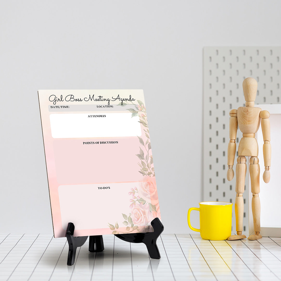 Girl Boss Meeting Agenda Dry Wipe Liquid Chalk Table Sign (6x8") Office And Home Reminders | Personal Schedule | No Pen Included