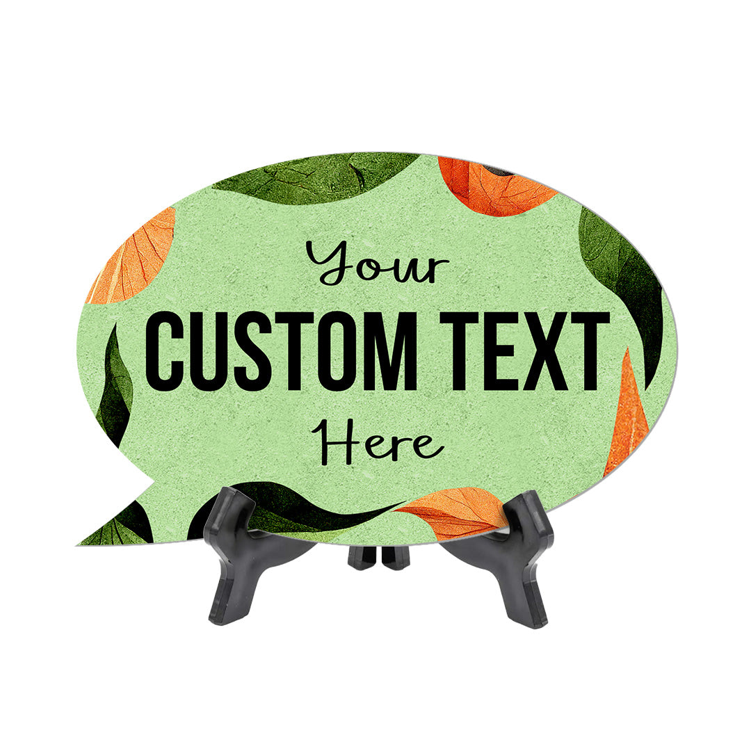 Boho Leaves Personalized Custom Oval Speech Bubble Table Sign with Acrylic Stand (6 x 4“) | Home or Business Cute Décor Personalized Signs