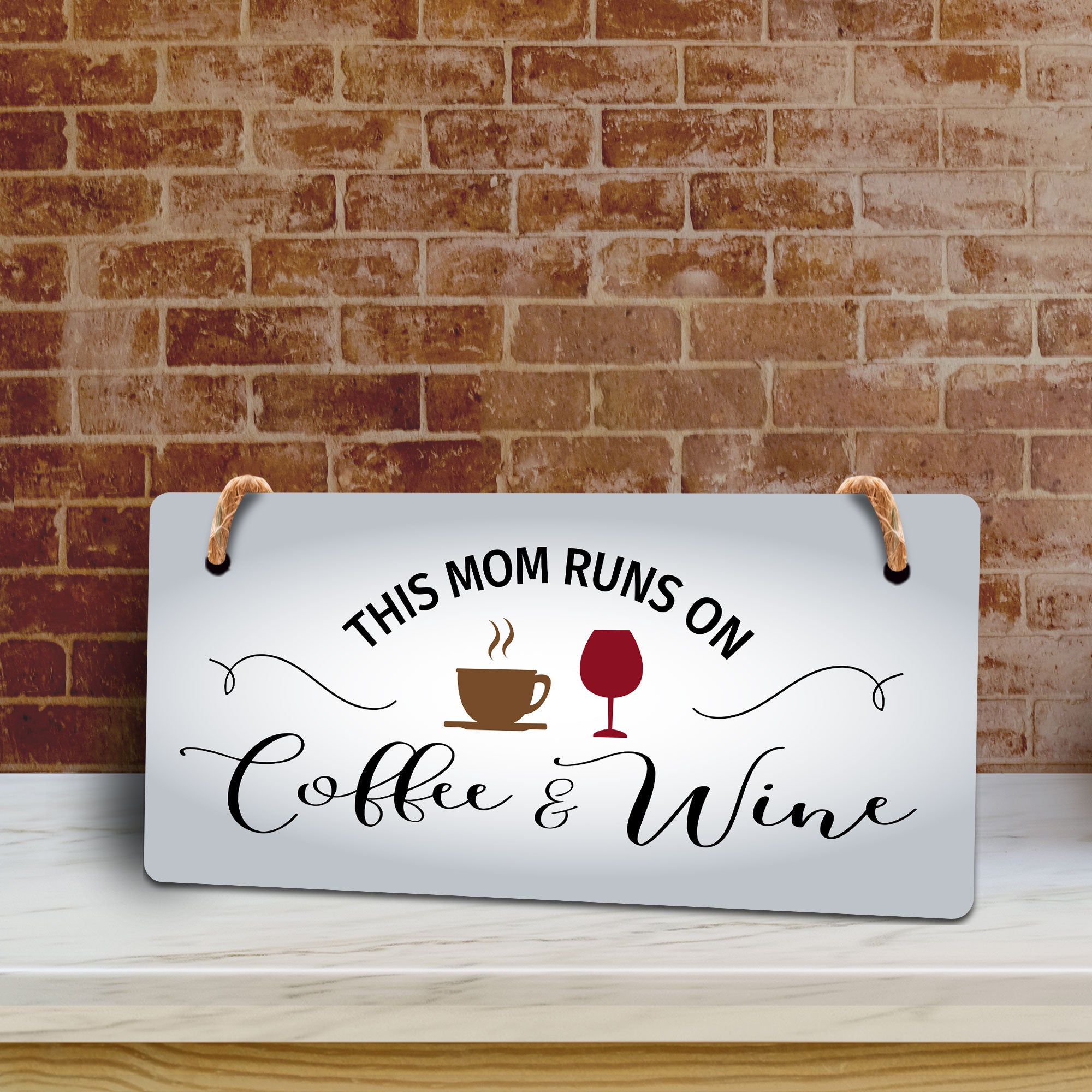 This Mom Runs On Coffee & Wine 5" x 10" Hanging Wall or Door Sign | Funny Coffee Home & Office Decor