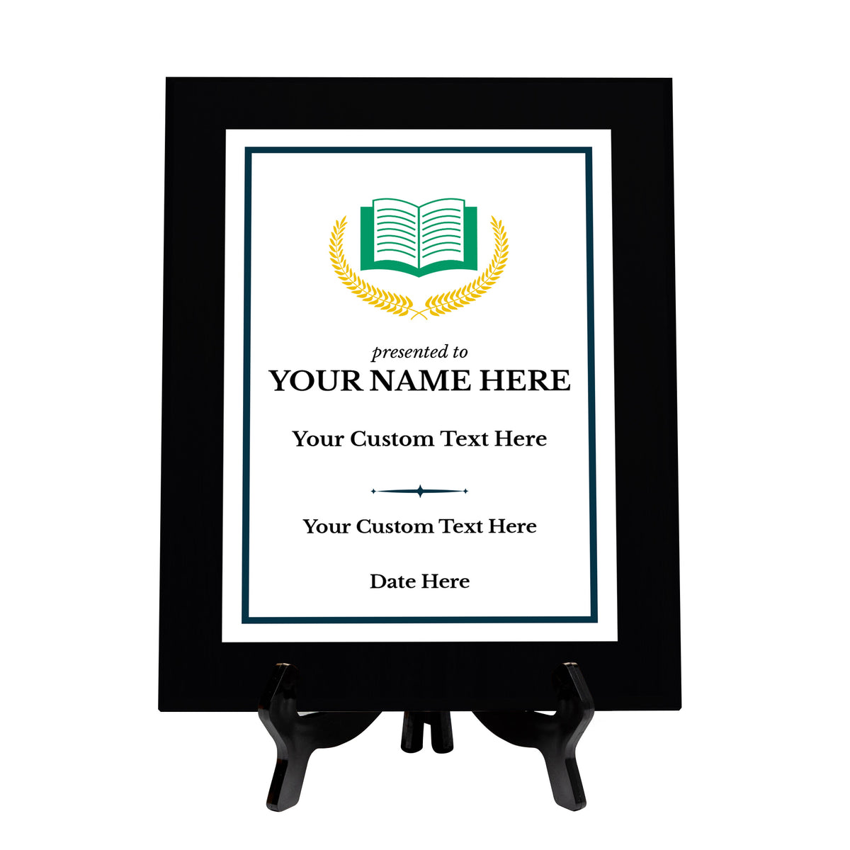 Education Theme Customizable Black Frame Wooden Award Plaque | Easel Mount Option | Achievement and Recognition Personalizable Plaques