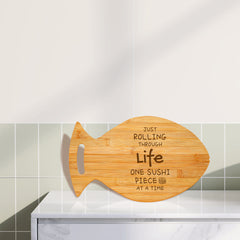 Just Rolling Through Life One Sushi Piece At A Time! 14 x 8.5" Fish Shape Cutting Board | Decorative Kitchen Accessory For Sushi Lovers