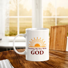 Starting My Day With God 11oz Plastic/Ceramic Coffee Mug Office And Home | Religious Sayings | Family And Friends