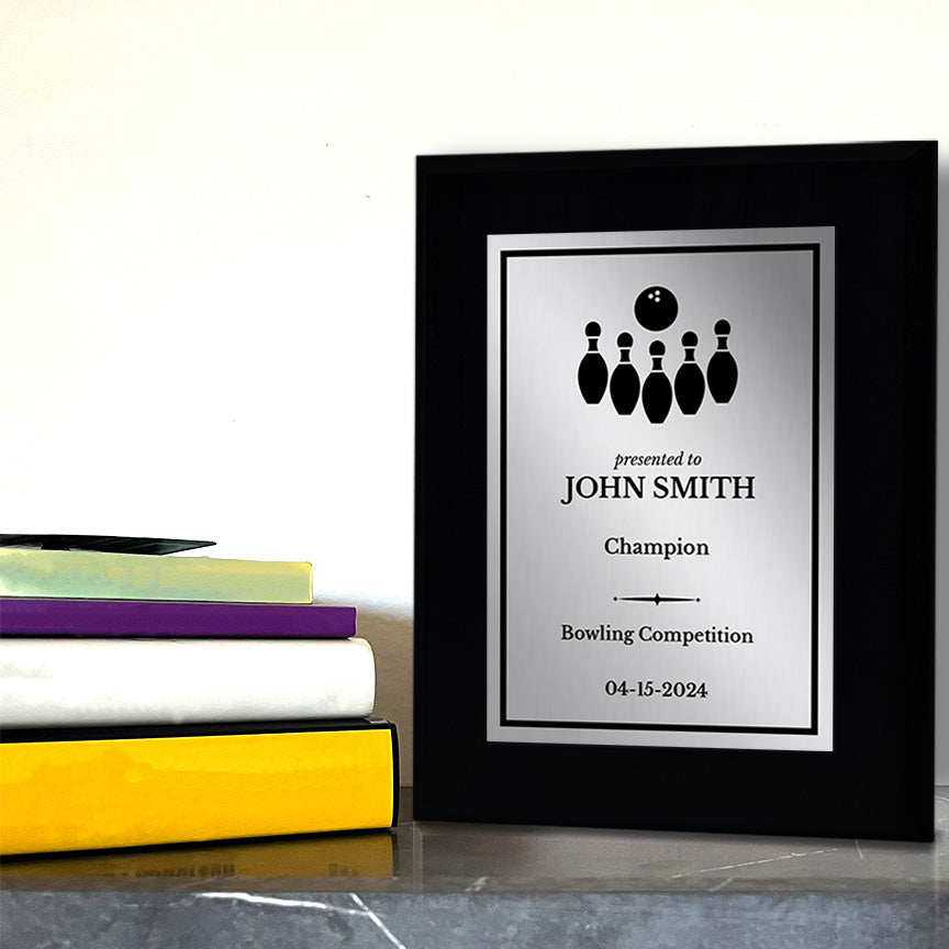 Bowling Customizable Black Frame Wooden Award Plaque | Easel Mount Option | Achievement and Recognition Personalizable Plaques