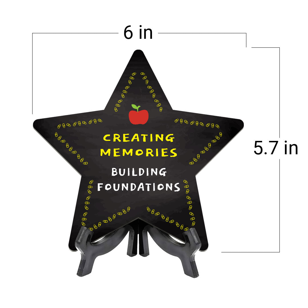 Sign ByLITA Creating Memories, Building Foundations Star Table Sign with Acrylic Stand (7.5x7.5“) Development | Kindergarten Classroom Essentials | Nurture Young Minds | Fun & Educational Supplies | Easy to Read | Includes Easel Stand