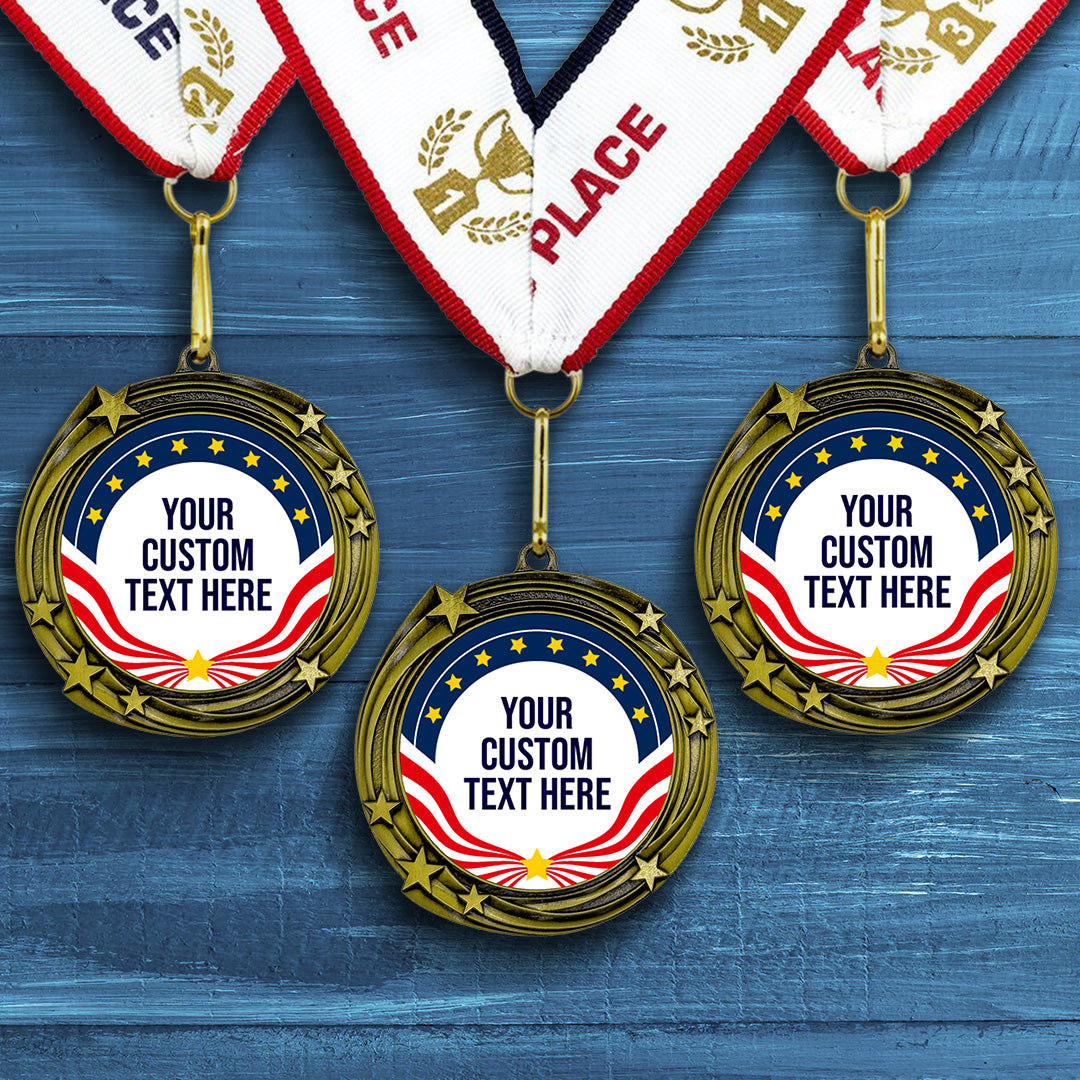 Gold Star Custom Personalized Stars Design Medal | Choice of Ribbon | USA Flag Personalized Award