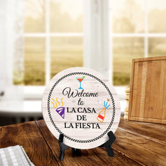 Signs ByLITA Circle Welcome to La Casa de La Fiesta Wood Color, Entrance Decor Table Sign (5"x5")