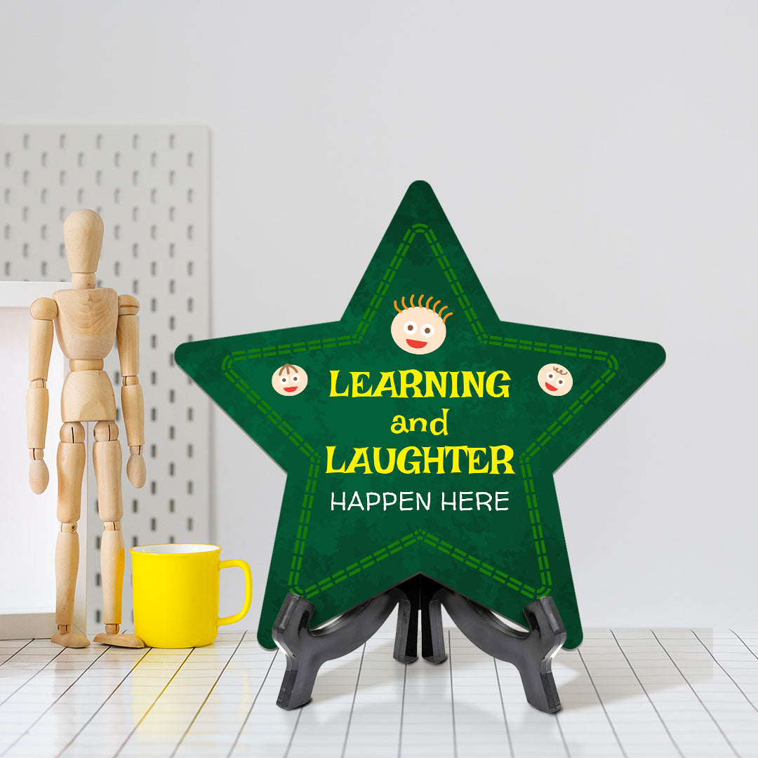 Sign ByLITA Learning and Laughter Happen Here Star Table Sign with Acrylic Stand (7.5x7.5“) Development | Kindergarten Classroom Essentials | Nurture Young Minds | Fun & Educational Supplies | Easy to Read | Includes Easel Stand, Star Table Sign (6"x5")