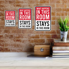 Portrait Round Plus What Happens In This Room Stays In This Room Wall or Door Sign | Easy Installation | Funny Novelty Imitation Warning Signs