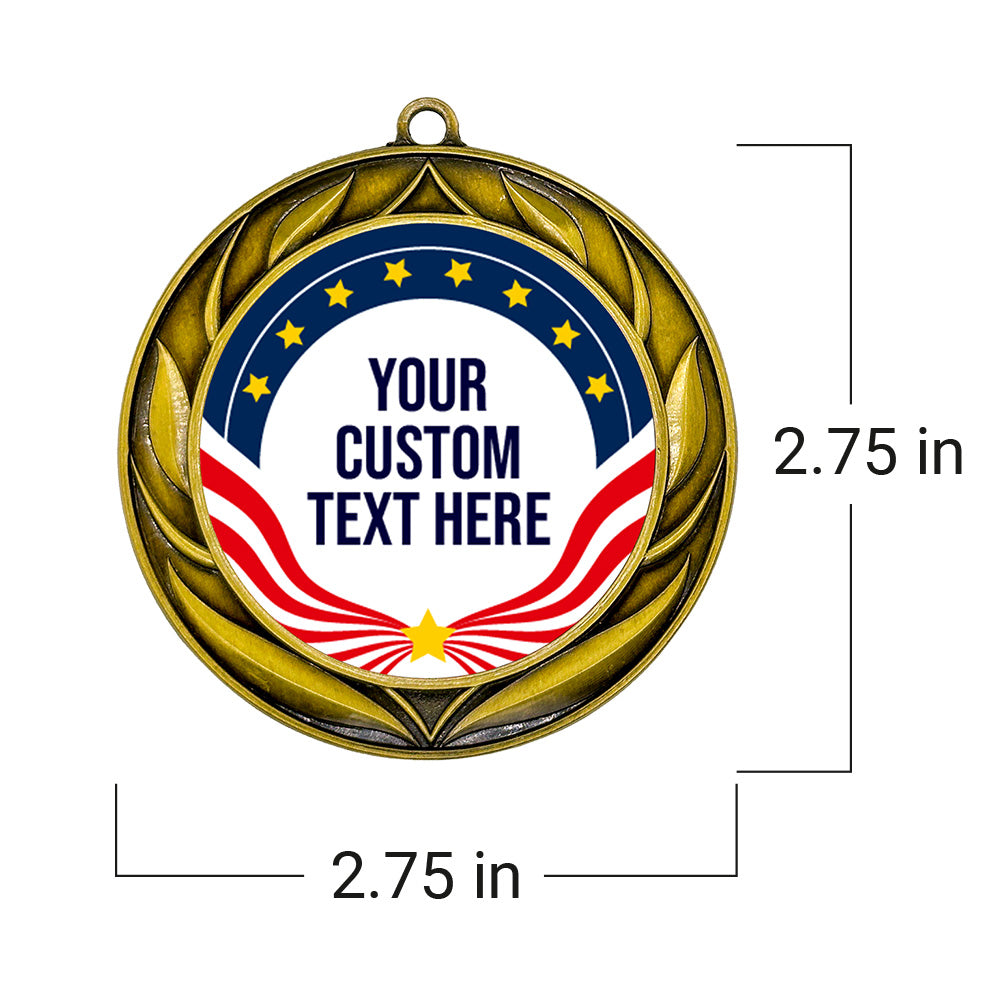 Gold Star Custom Personalized Wreath Design Medal | Choice of Ribbon | USA Flag Personalized Award