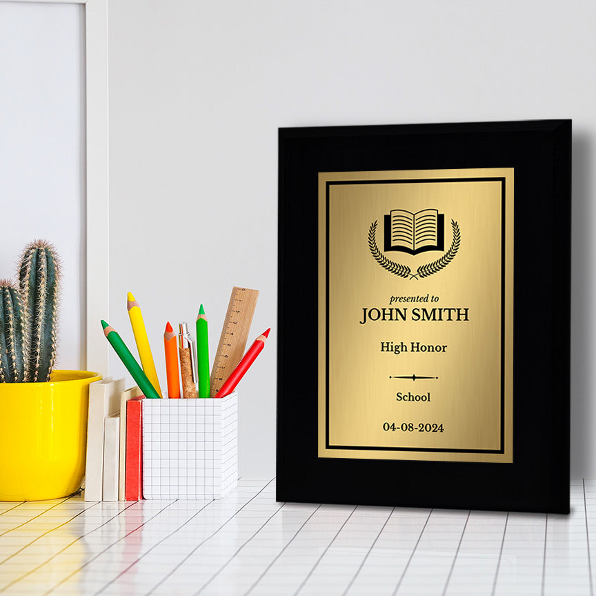 Education Theme Customizable Black Frame Wooden Award Plaque | Easel Mount Option | Achievement and Recognition Personalizable Plaques