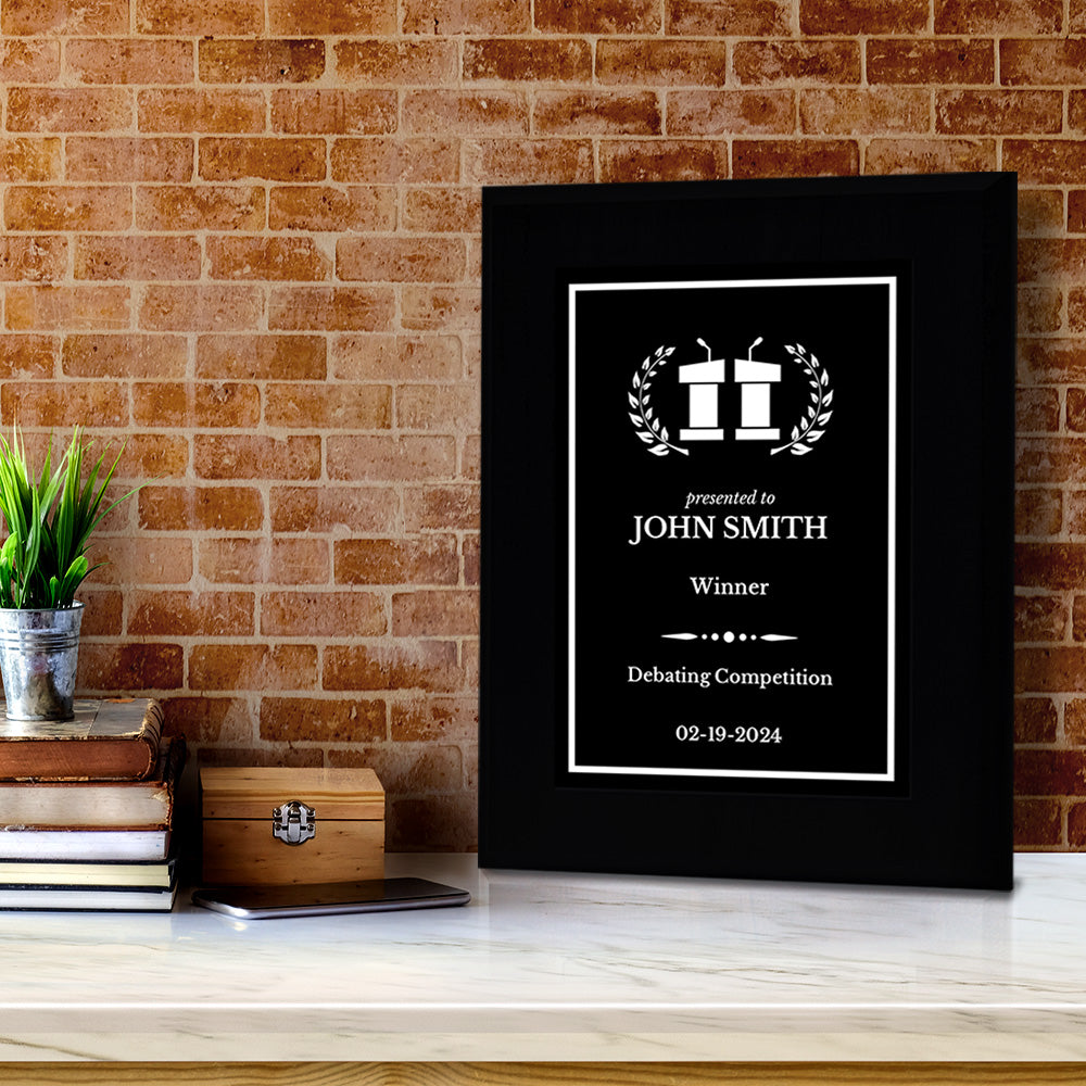 Debating and Model Diplomacy Theme Customizable Black Frame Award Plaque | Easel Mount Option | Achievement and Service Personalizable Plaques