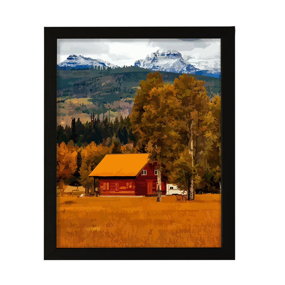 Rustic Fall Mountain Farm Scene Framed Wall Print Easy Installation | Farm Lifestyle | Stylish Modern Decoration For The Home and Officer