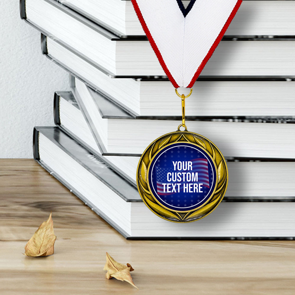 Stars and Stripes Custom Personalized Wreath Design Medal | Choice of Ribbon | USA Flag Personalized Award