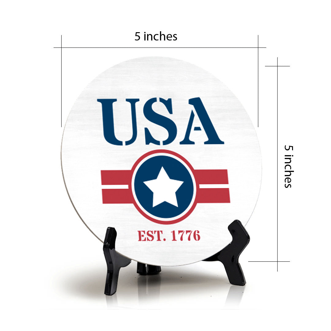 USA est. 1776 (5 x 5“) Circle Table Sign with Acrylic Stand | American Pride Decoration