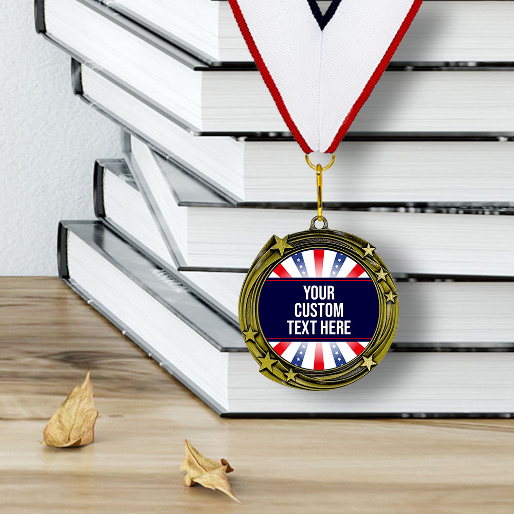 Red White and Blue Custom Personalized Stars Design Medal | Choice of Ribbon | USA Flag Personalized Award