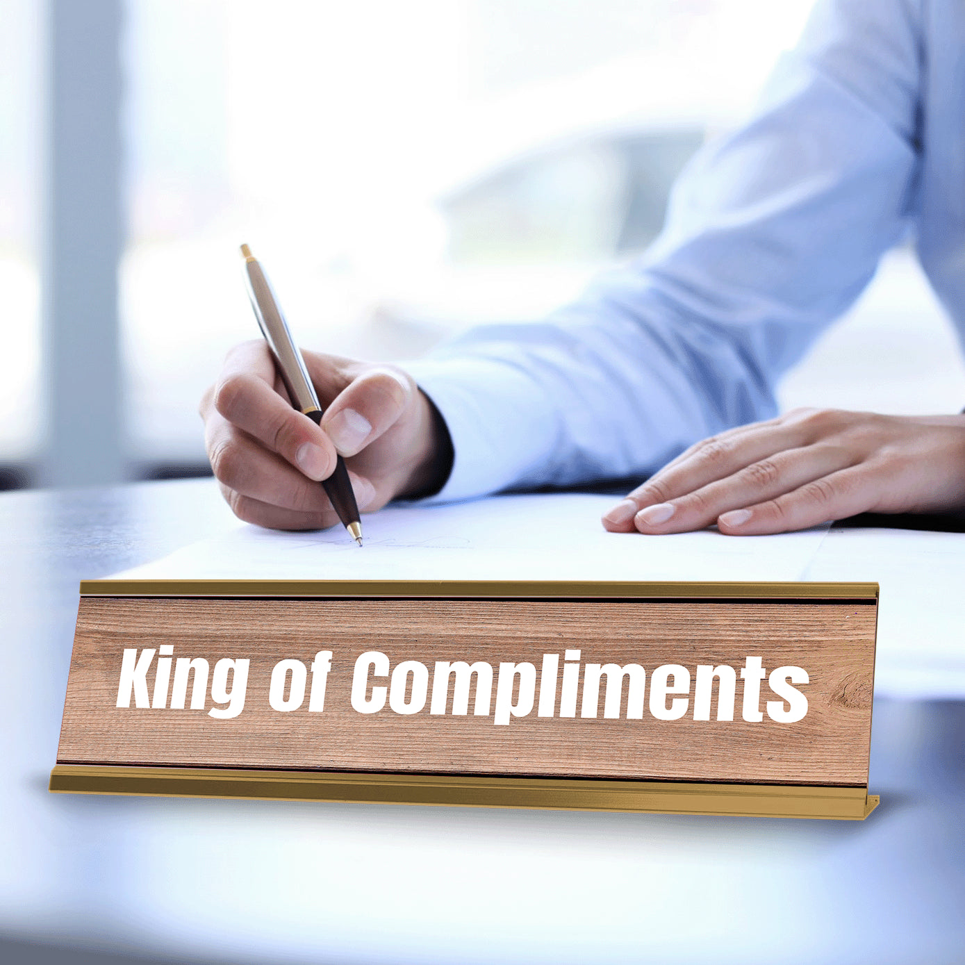 King of Compliments Gold Frame Desk Sign (2x8") | Novelty Workplace and Home Office Decoration For Him