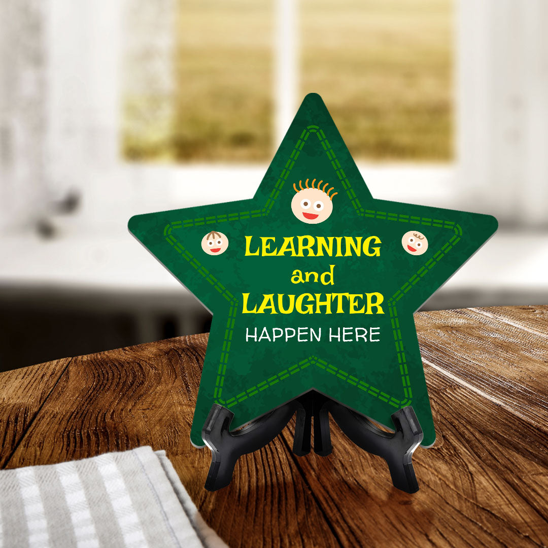 Sign ByLITA Learning and Laughter Happen Here Star Table Sign with Acrylic Stand (7.5x7.5“) Development | Kindergarten Classroom Essentials | Nurture Young Minds | Fun & Educational Supplies | Easy to Read | Includes Easel Stand, Star Table Sign (6"x5")