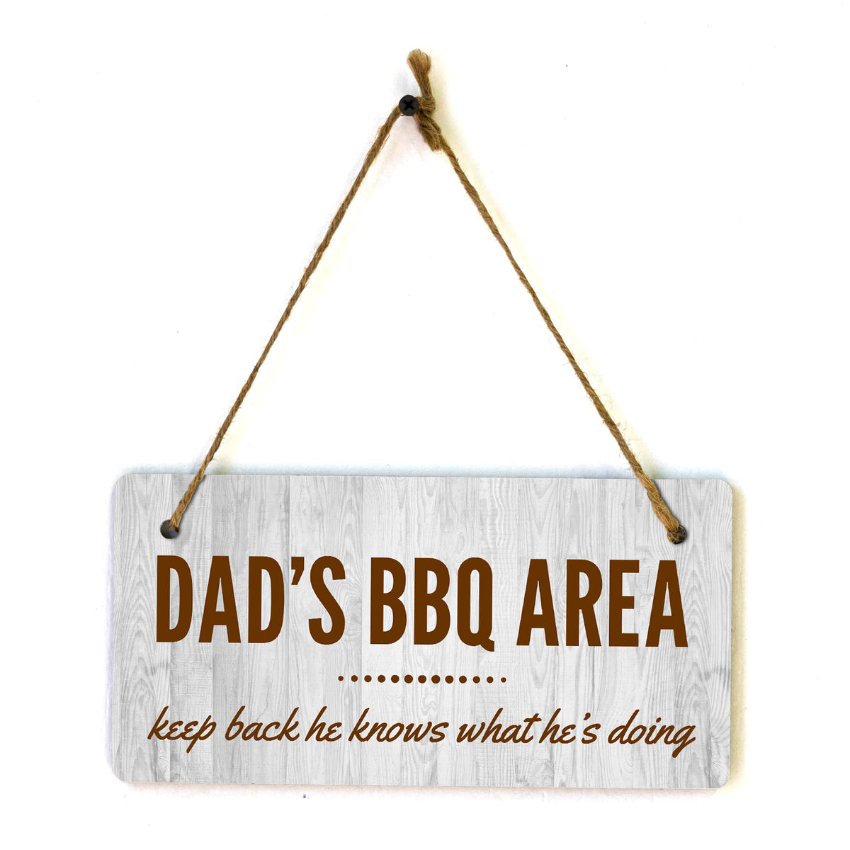 Dad's BBQ Area Keep Back He Knows What He's Doing 5x10 Hanging Plus Wall or Door Sign | Funny Home Decor