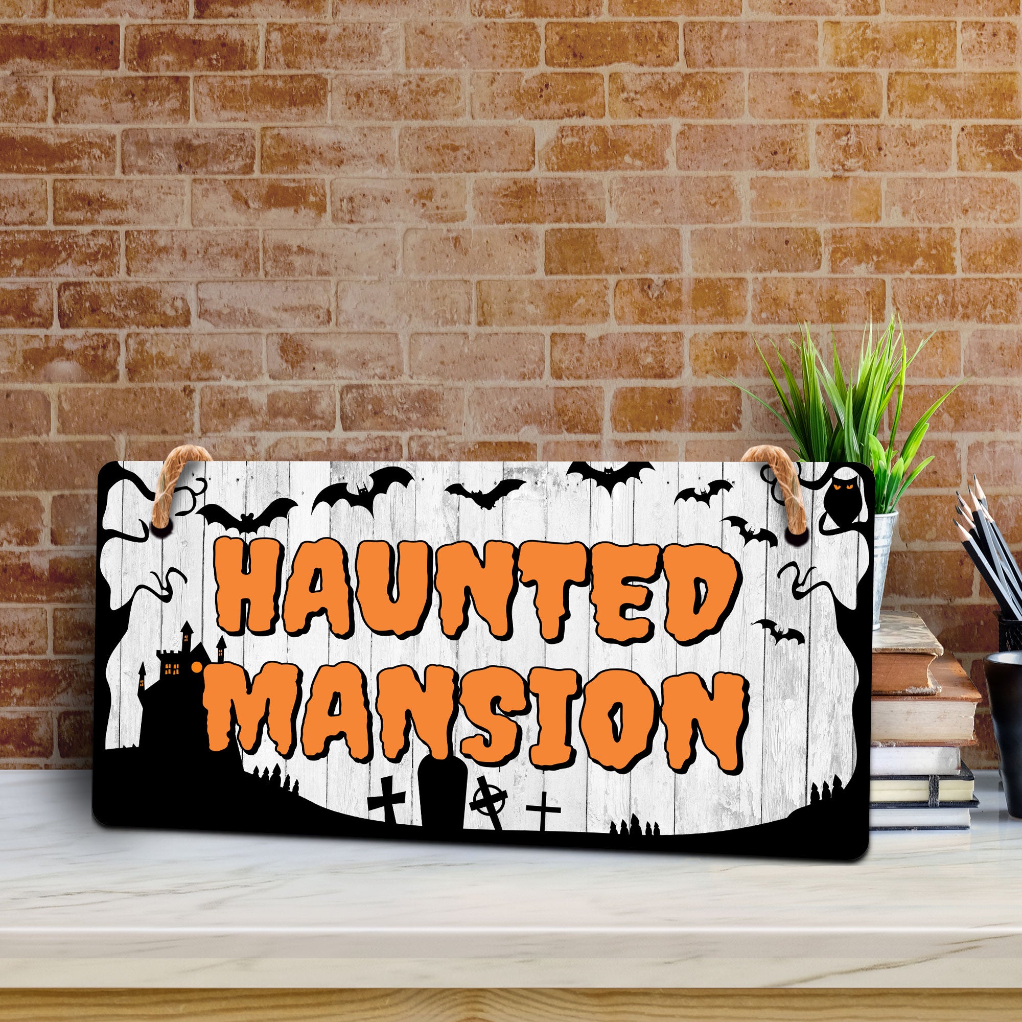 Haunted Mansion 5x10 Hanging Plus Wall or Door Sign | Rustic Twined | Spooky Halloween Decoration