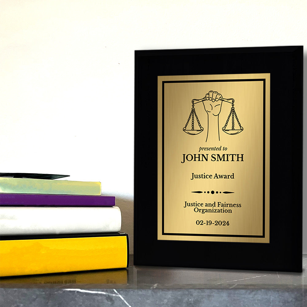 Legal and Justice Theme Customizable Black Frame Award Plaque | Easel Mount Option | Achievement and Service Personalizable Plaques