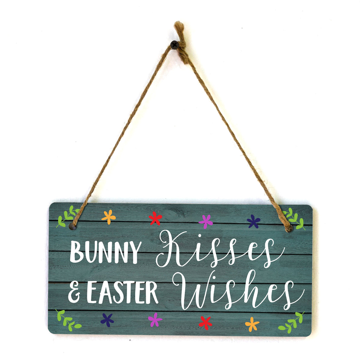 Bunny Kisses & Easter Wishes 5x10 Hanging Wall or Door Sign | Funny Religious Home Decor