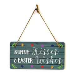 Bunny Kisses & Easter Wishes 5x10 Hanging Wall or Door Sign | Funny Religious Home Decor