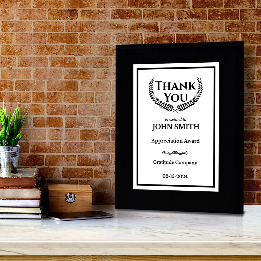 Thank You Gratitude and Appreciation Customizable Black Frame Award Plaque | Easel Mount Option | Recognition of Achievement and Service Personalizable Plaques