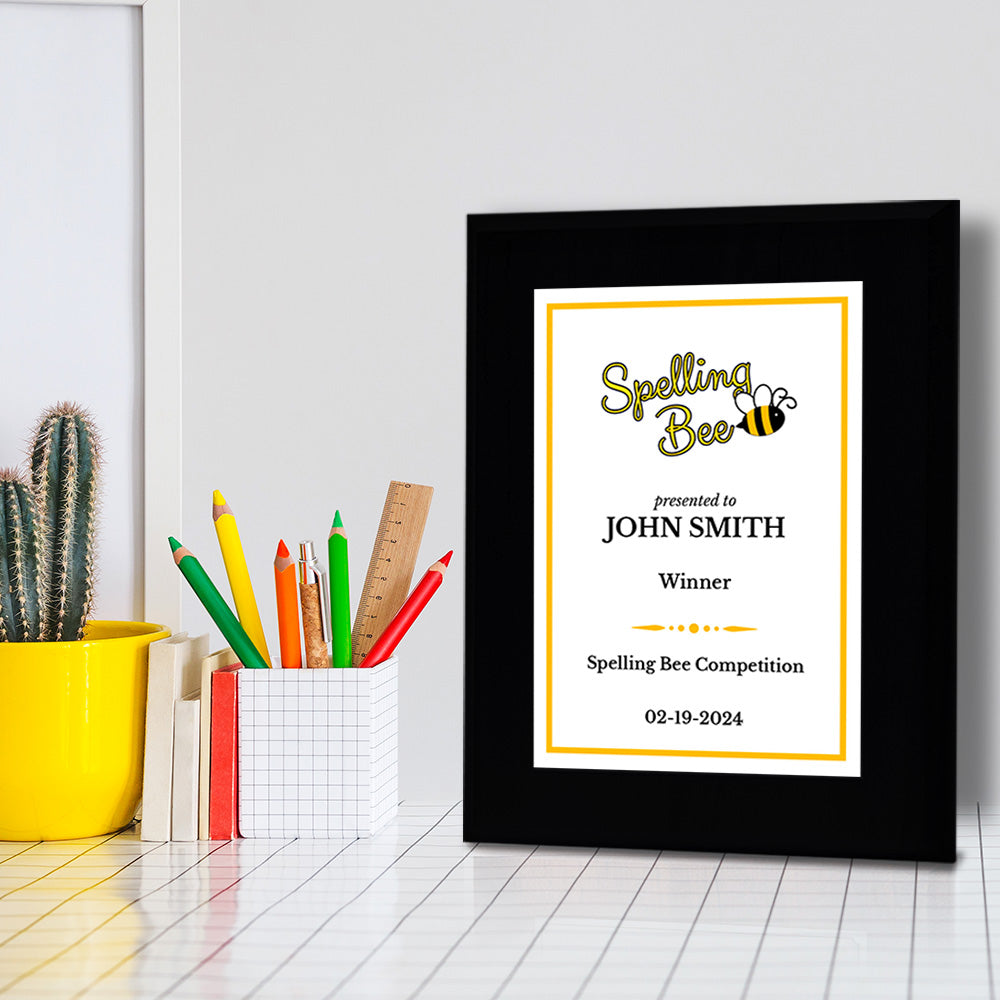 Spelling Bee Competition Customizable Black Frame Award Plaque | Easel Mount Option | Achievement and Recognition Personalizable Plaques