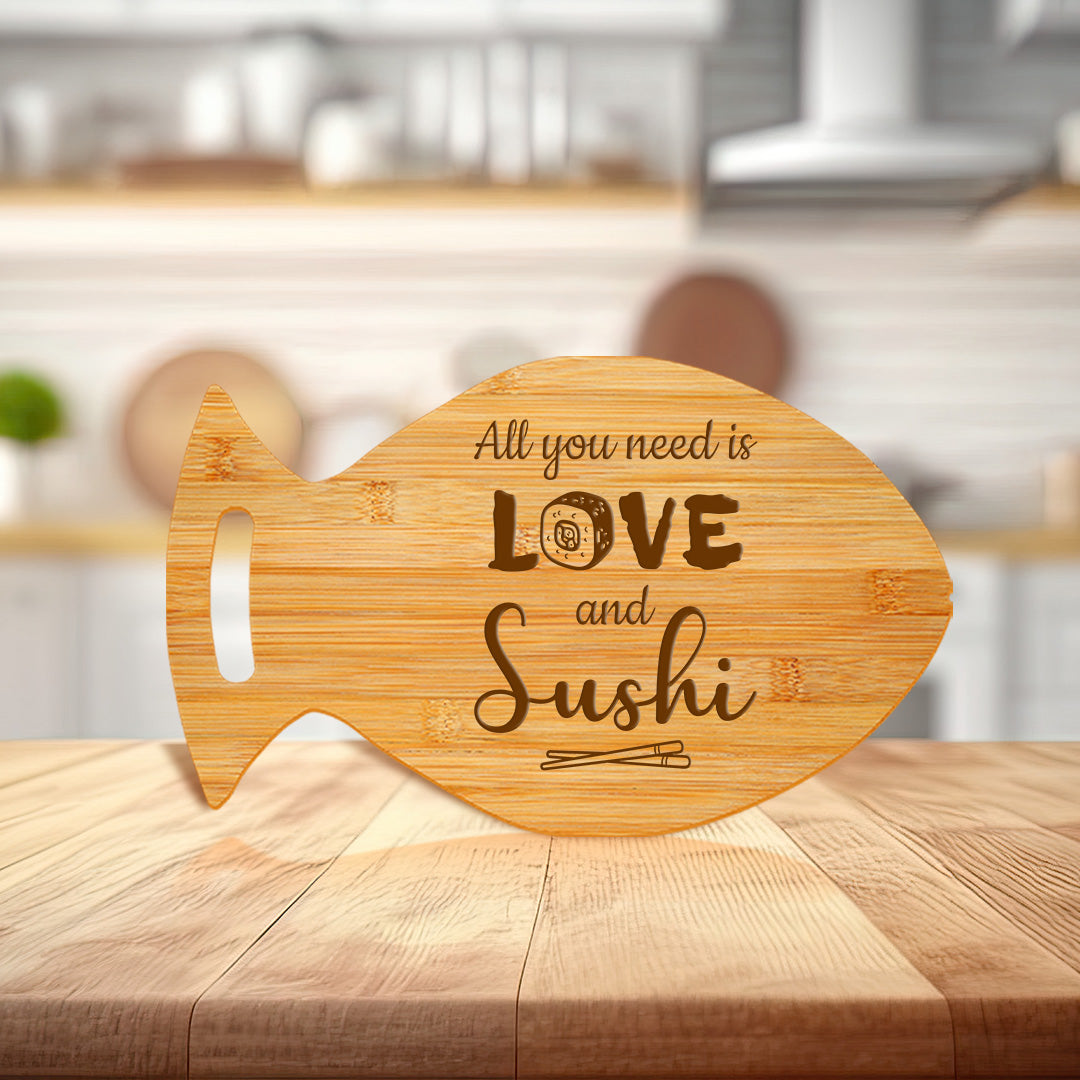 All You Need Is Love And Sushi 14 x 8.5" Fish Shape Cutting Board | Decorative Kitchen Accessory For Sushi Lovers