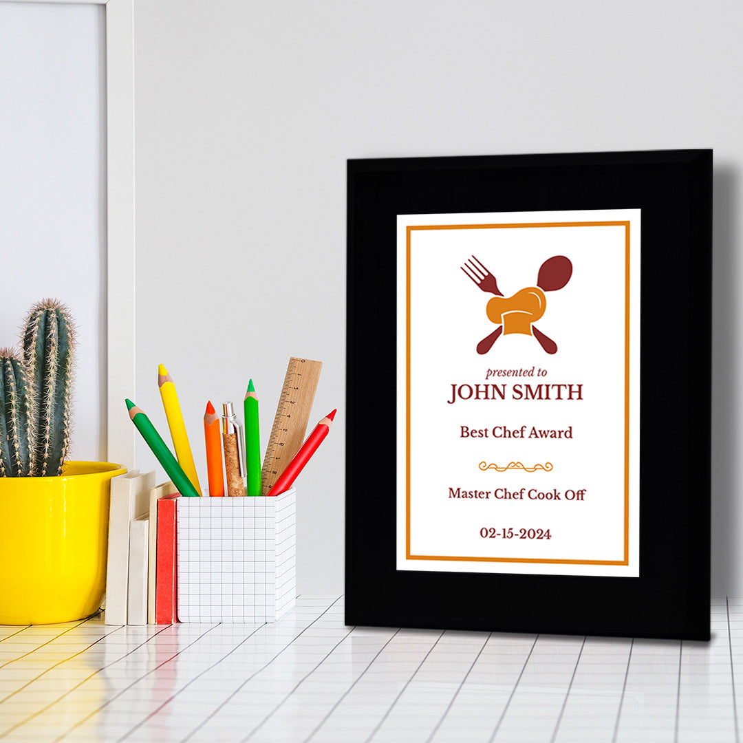 Cooking Competition and Chef Customizable Black Frame Award Plaque | Easel Mount Option | Recognition of Achievement and Service Personalizable Plaques