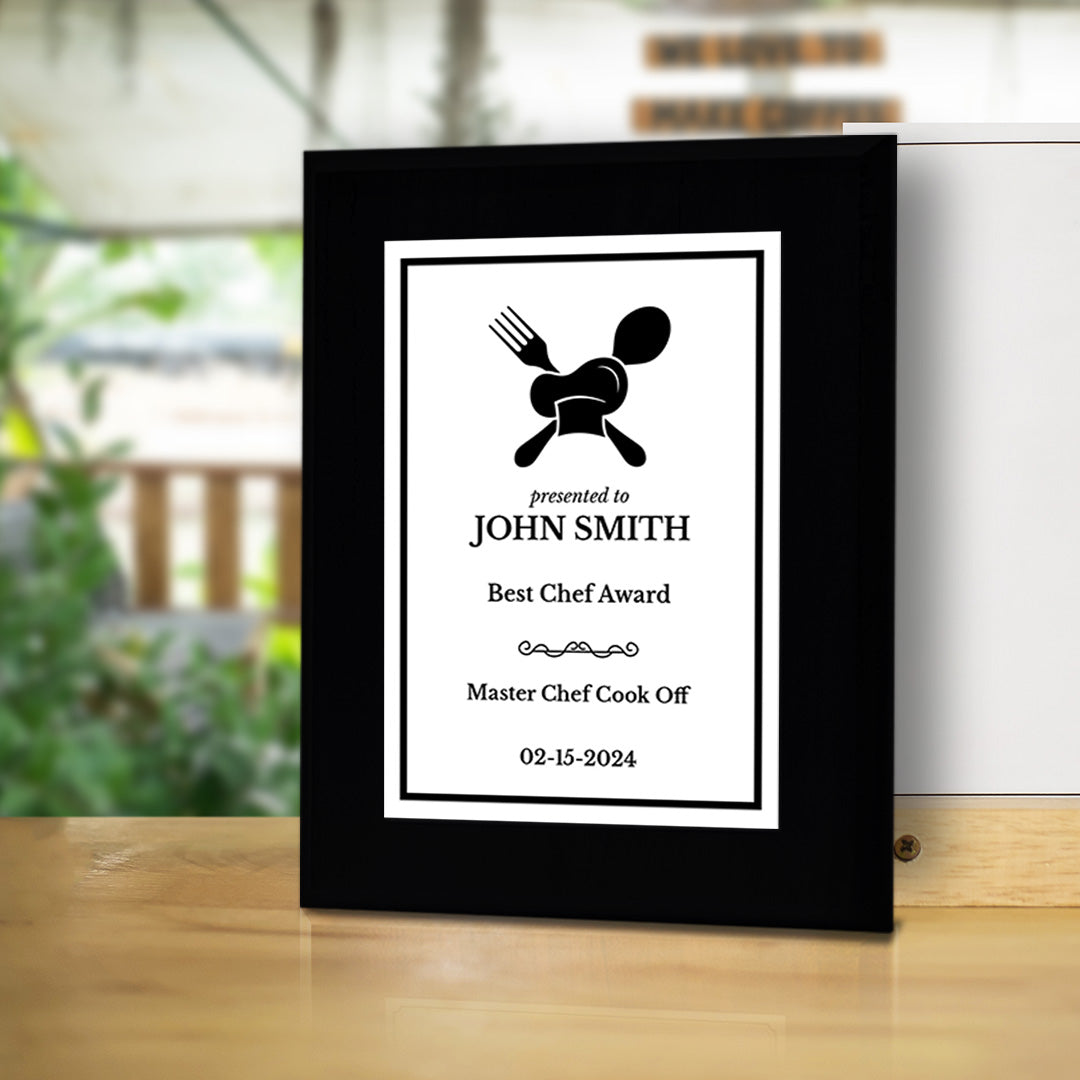 Cooking Competition and Chef Customizable Black Frame Award Plaque | Easel Mount Option | Recognition of Achievement and Service Personalizable Plaques