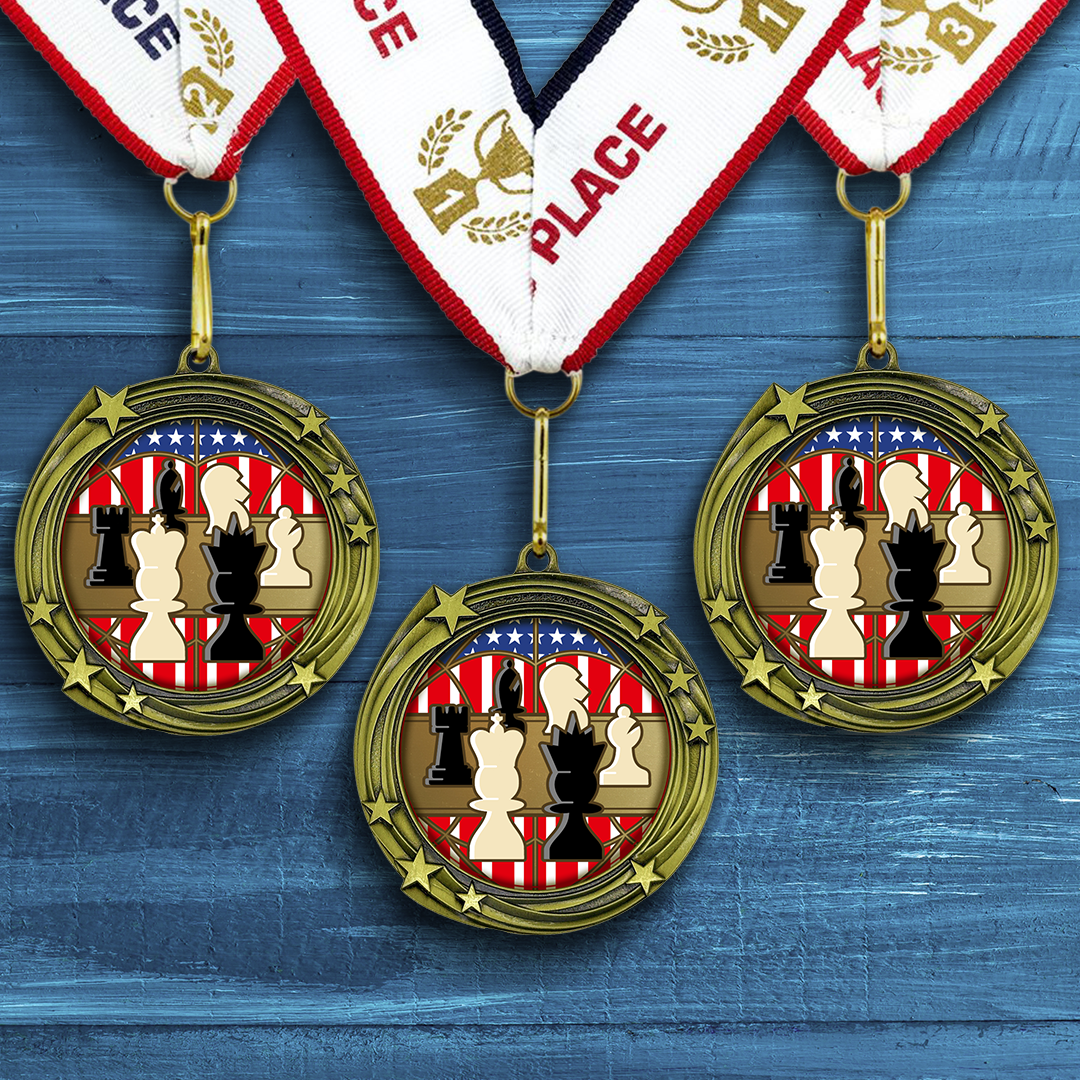 All Quality Chess Swirling Stars Design Medal - 1st, 2nd, 3rd Place