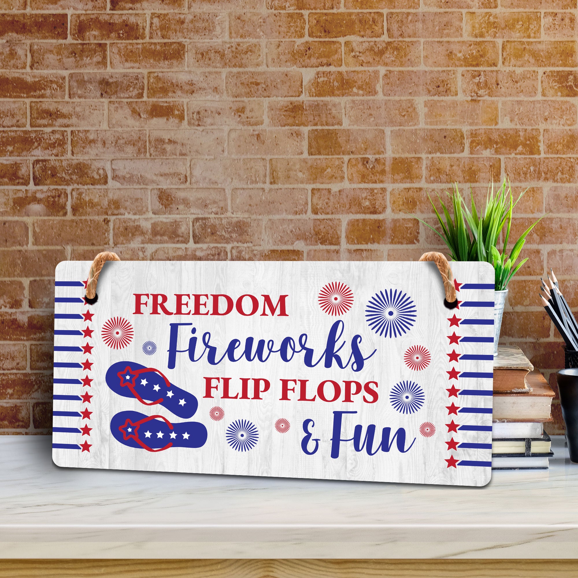 Freedom Fireworks Flip Flops & Fun 5x10 Hanging Plus Wall or Door Sign | American Pride