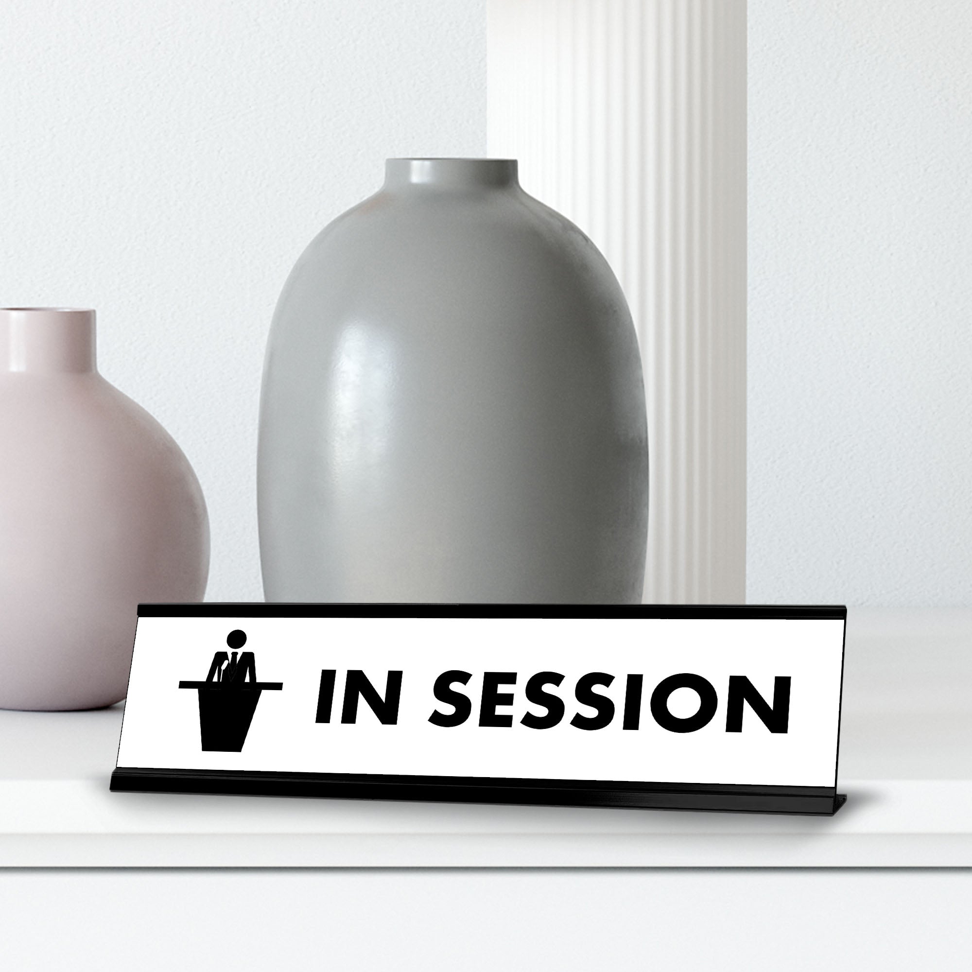 In Session BW, Black Frame,Desk Sign (2x8")