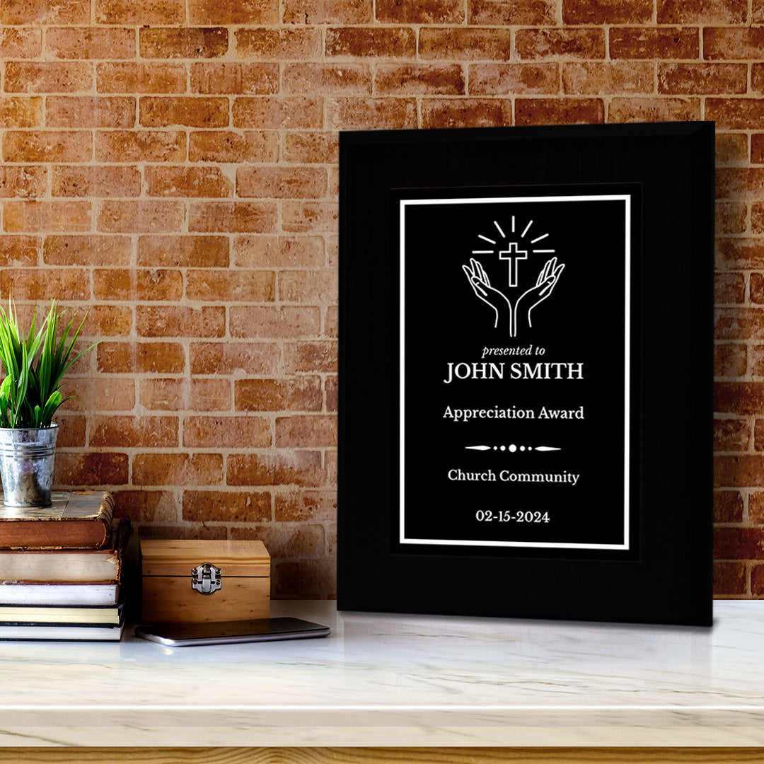 Church and Religion Theme Customizable Black Frame Award Plaque | Easel Mount Option | Recognition of Achievement and Service Personalizable Plaques