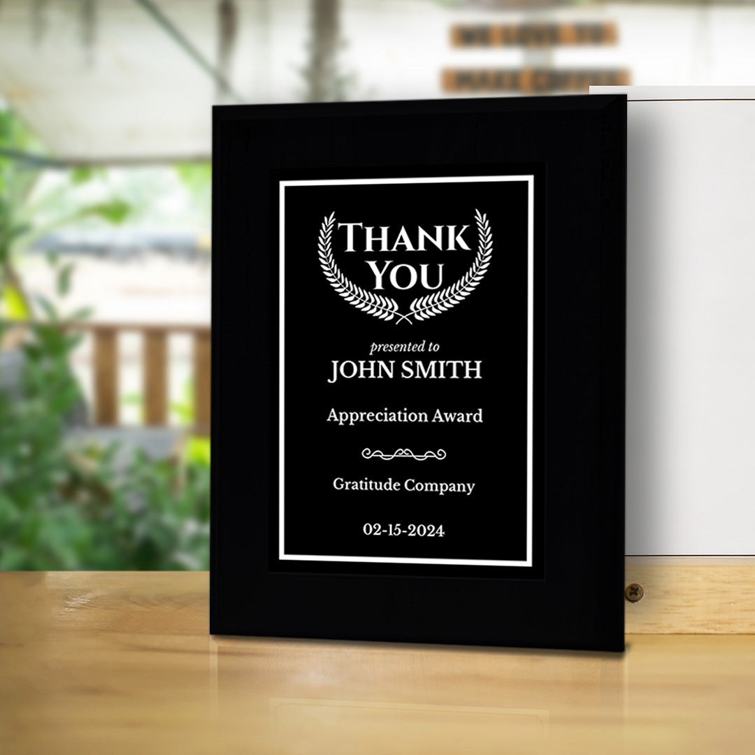 Thank You Gratitude and Appreciation Customizable Black Frame Award Plaque | Easel Mount Option | Recognition of Achievement and Service Personalizable Plaques