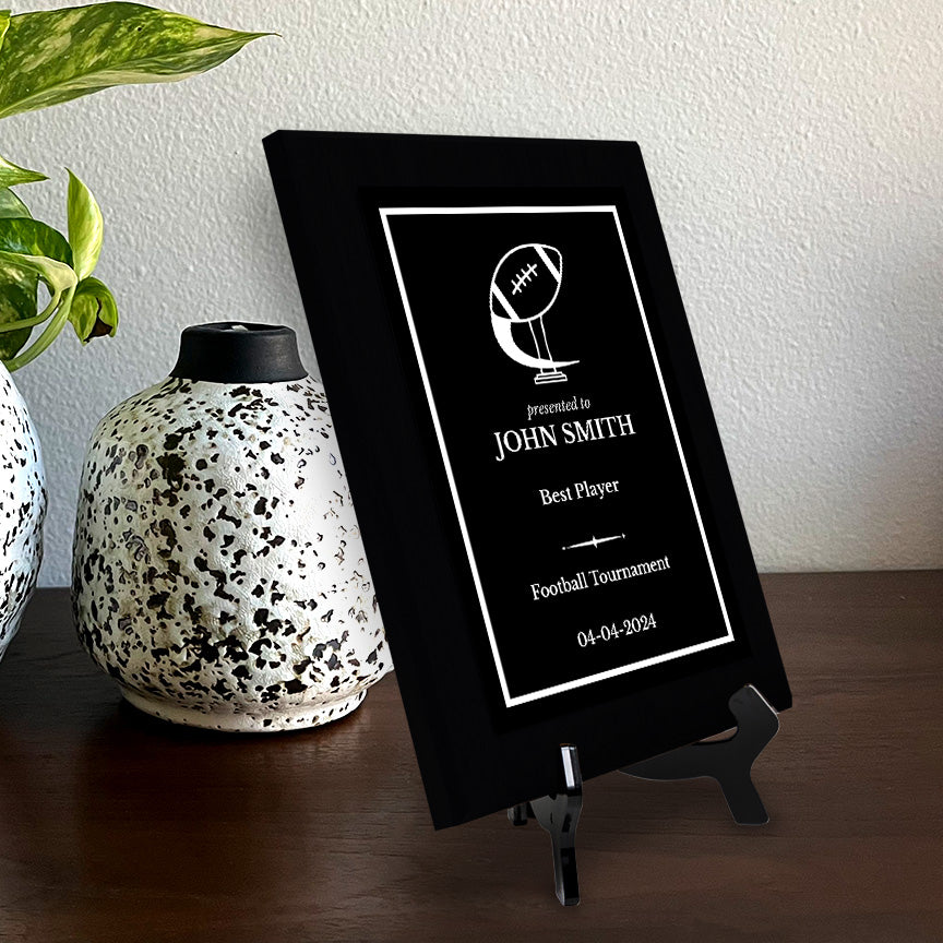 Football Customizable Black Frame Wooden Award Plaque | Easel Mount Option | Achievement and Recognition Personalizable Plaques