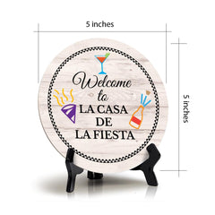 Signs ByLITA Circle Welcome to La Casa de La Fiesta Wood Color, Entrance Decor Table Sign (5"x5")