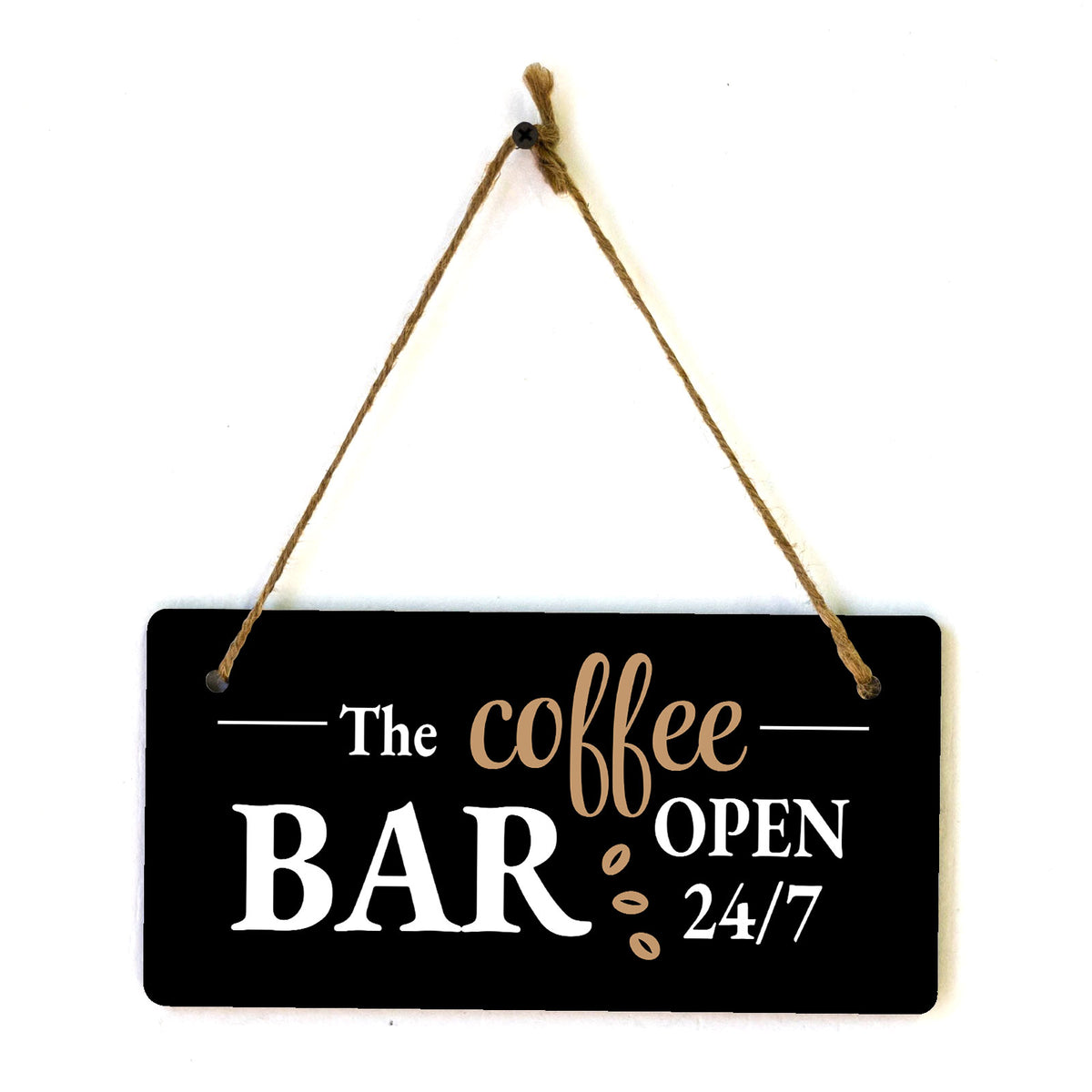 The Coffee Bar Open 24/7 5" x 10" Hanging Wall or Door Sign | Funny Coffee Home & Office Decor