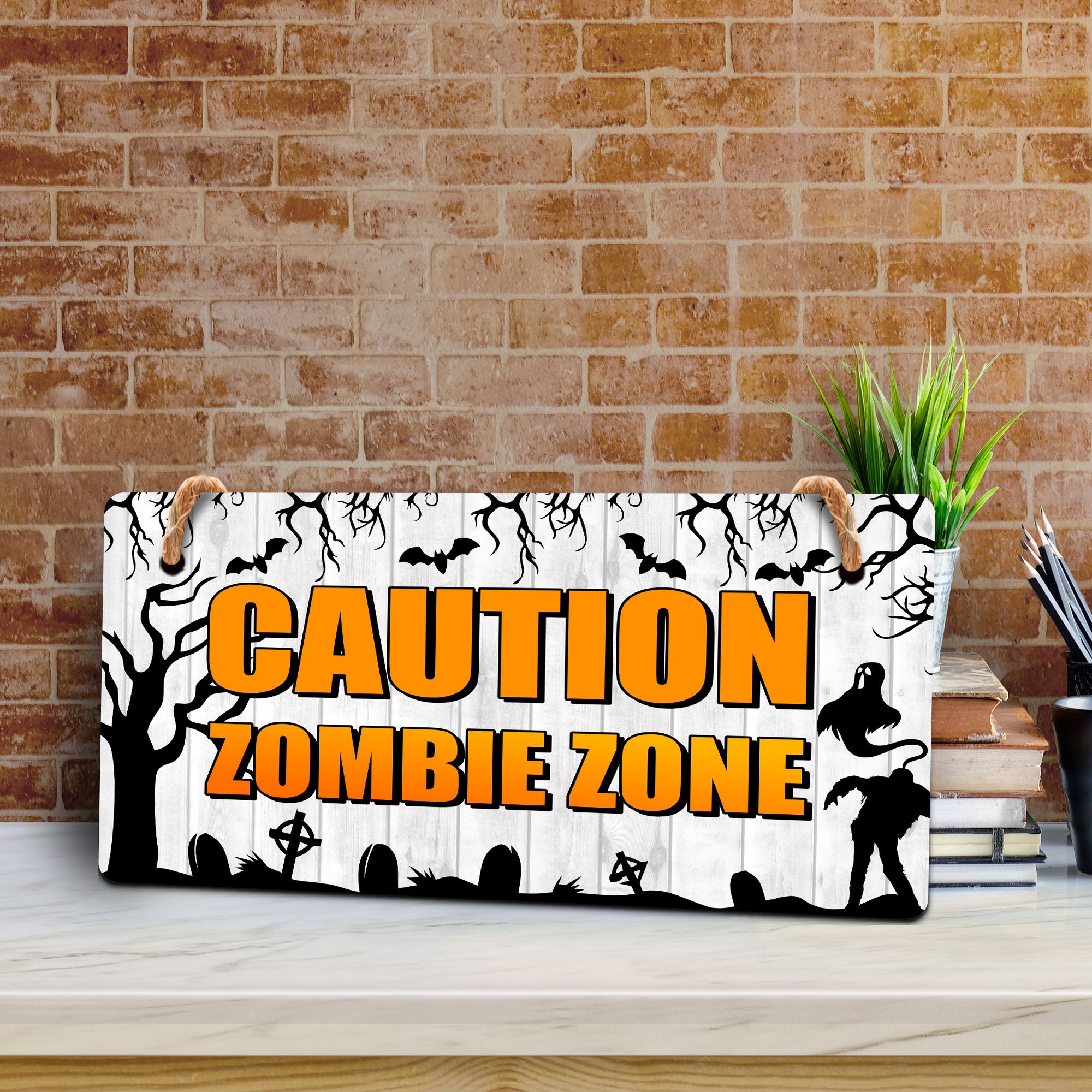 Caution Zombie Zone 5x10 Hanging Plus Wall or Door Sign | Rustic Twined | Spooky Halloween Decoration