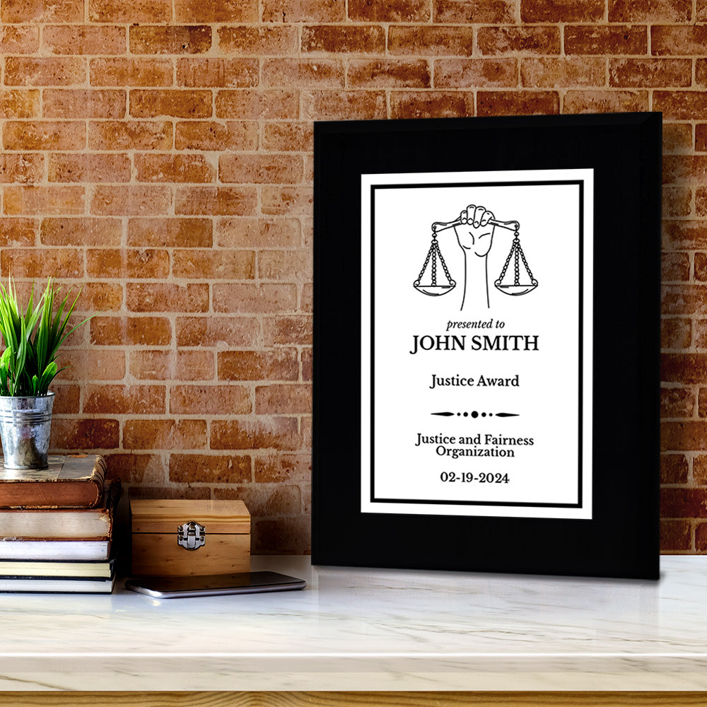 Legal and Justice Theme Customizable Black Frame Award Plaque | Easel Mount Option | Achievement and Service Personalizable Plaques