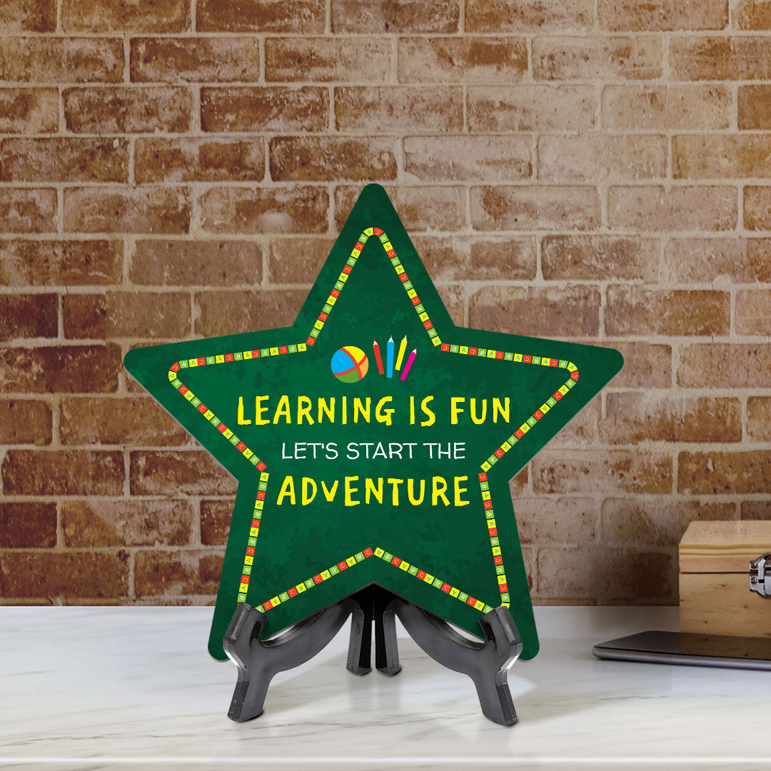 Sign ByLITA Learning is Fun, Let's Start the Adventure Star Table Sign with Acrylic Stand (7.5x7.5“) Development | Kindergarten Classroom Essentials | Nurture Young Minds | Fun & Educational Supplies | Easy to Read | Includes Easel Stand