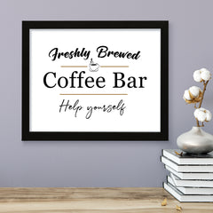 Freshly Brewed Coffee Bar Help Yourself, Framed Wall Art, Home Décor Prints