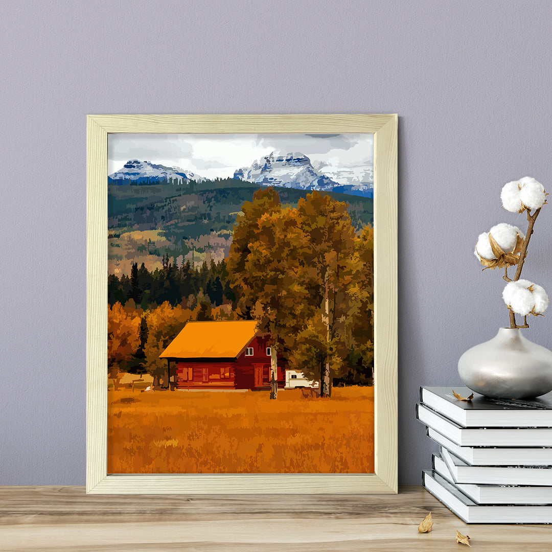 Rustic Fall Mountain Farm Scene Framed Wall Print Easy Installation | Farm Lifestyle | Stylish Modern Decoration For The Home and Officer