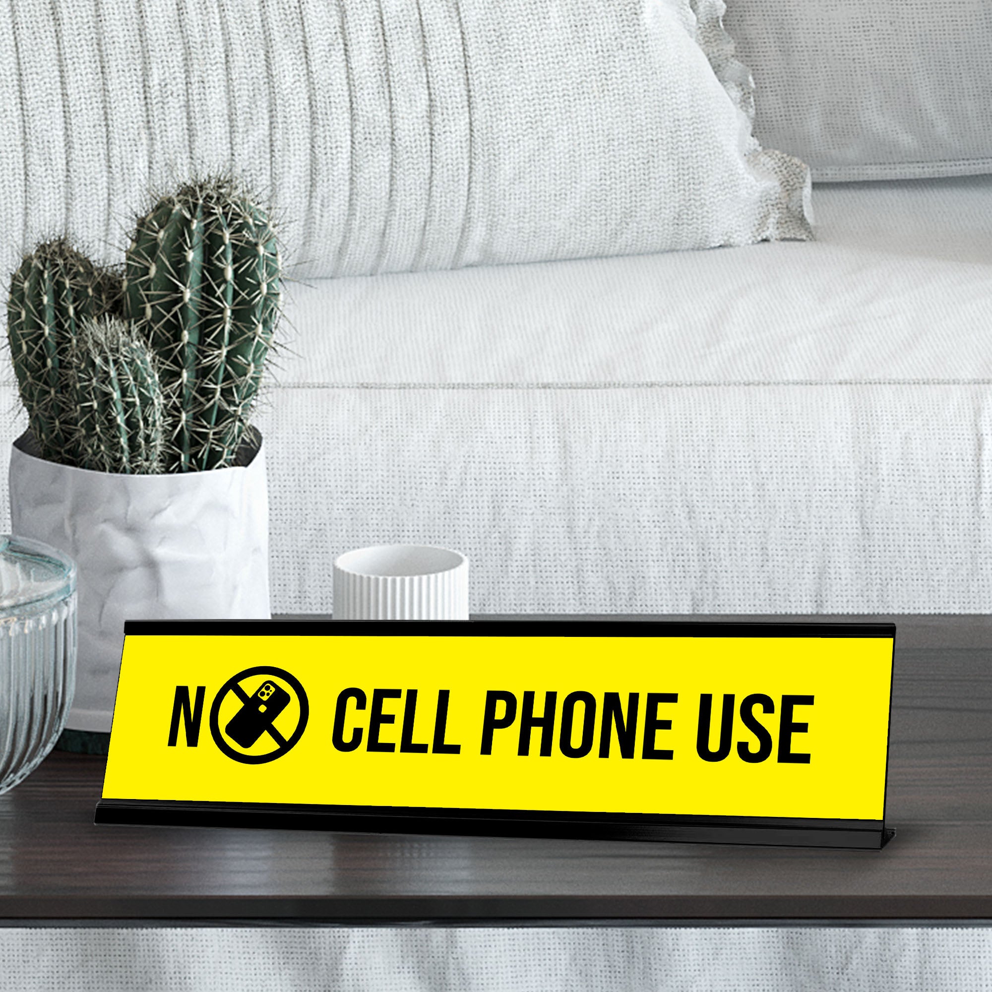 No Cell Phone Use Yellow Black Frame, Desk Sign (2 x 8")