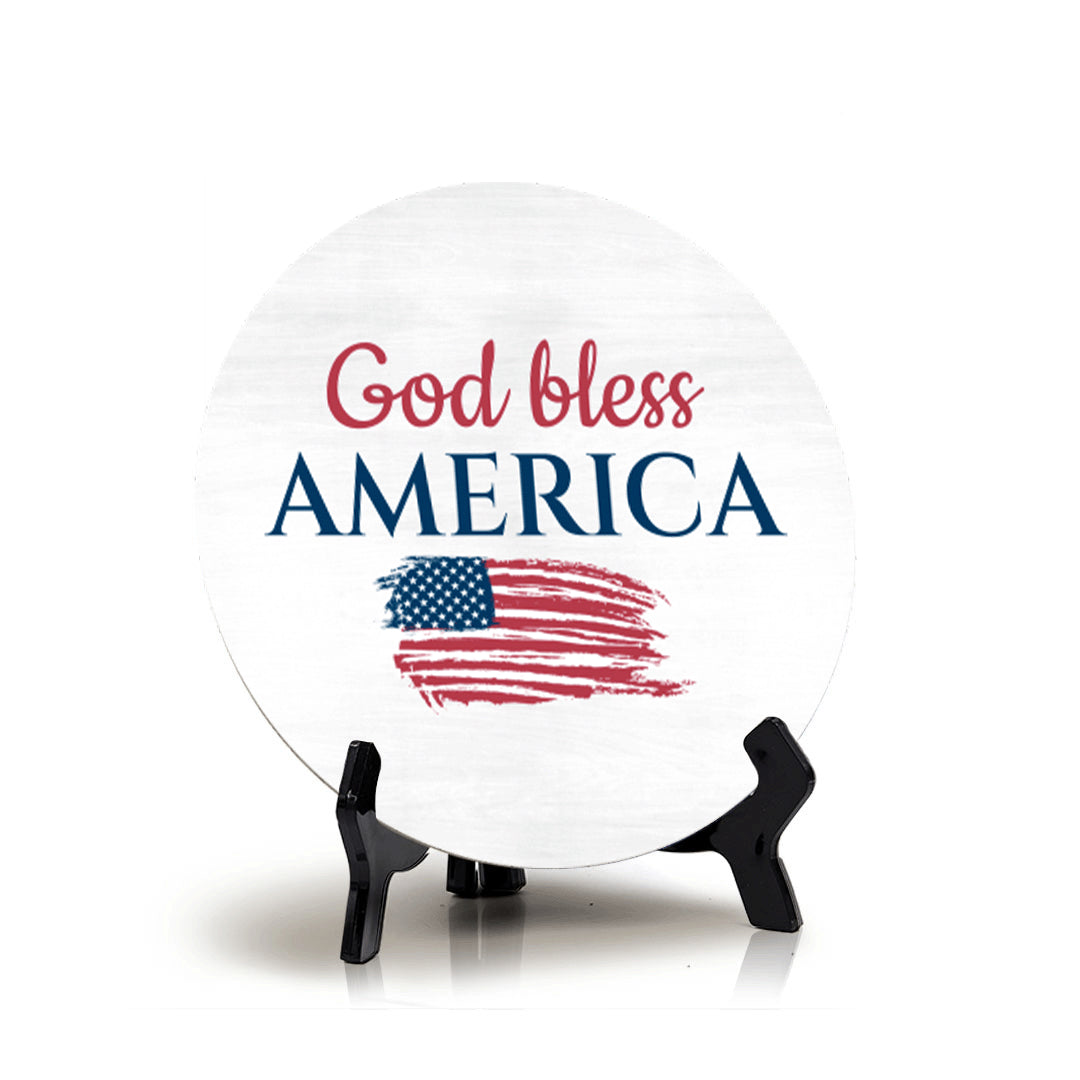 God Bless America (5 x 5“) Circle Table Sign with Acrylic Stand | American Pride Decoration