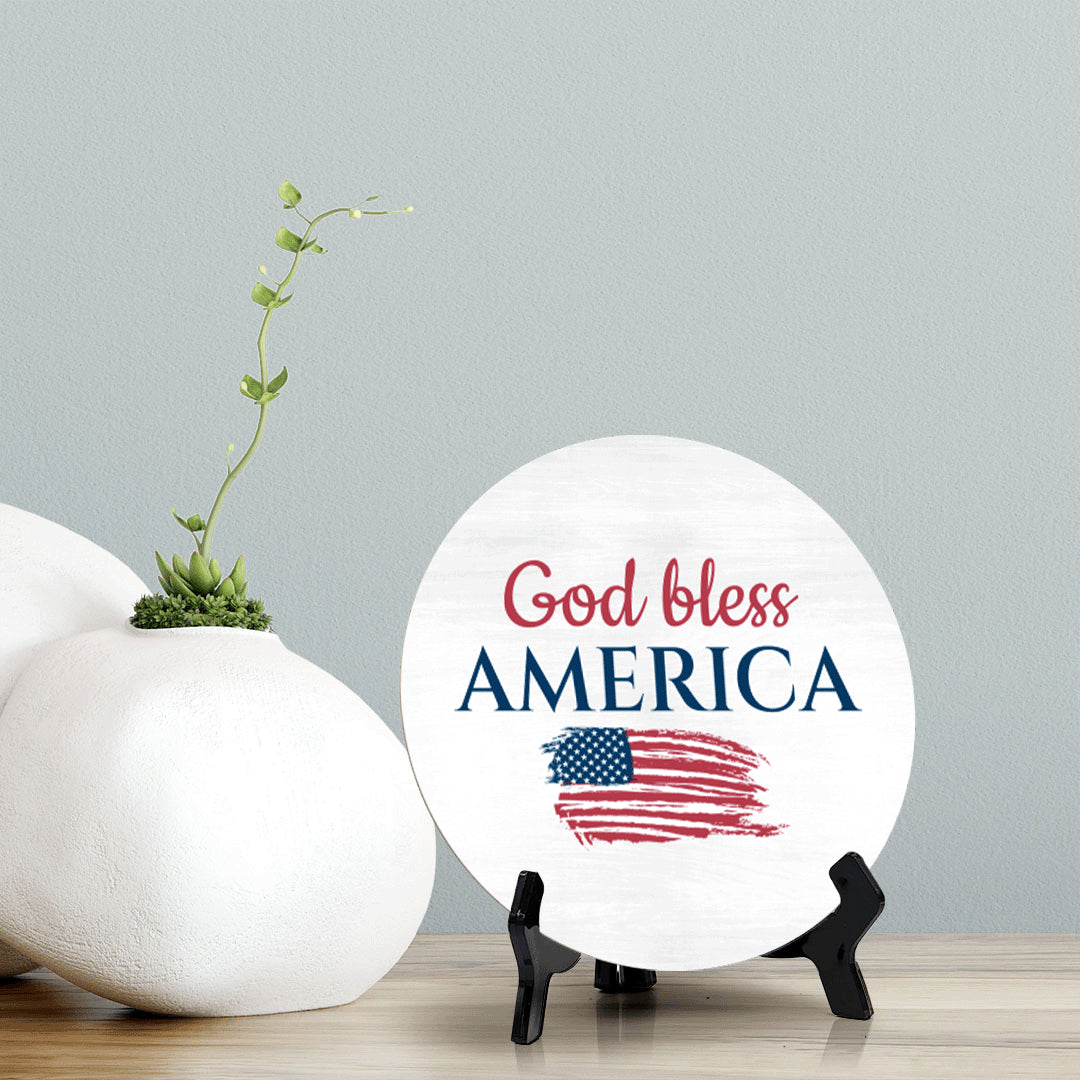 God Bless America (5 x 5“) Circle Table Sign with Acrylic Stand | American Pride Decoration