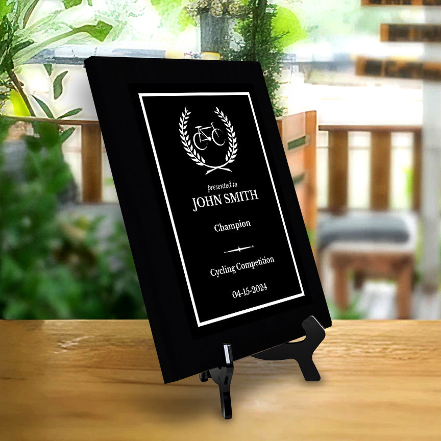 Cycling Customizable Black Frame Wooden Award Plaque | Easel Mount Option | Achievement and Recognition Personalizable Plaques