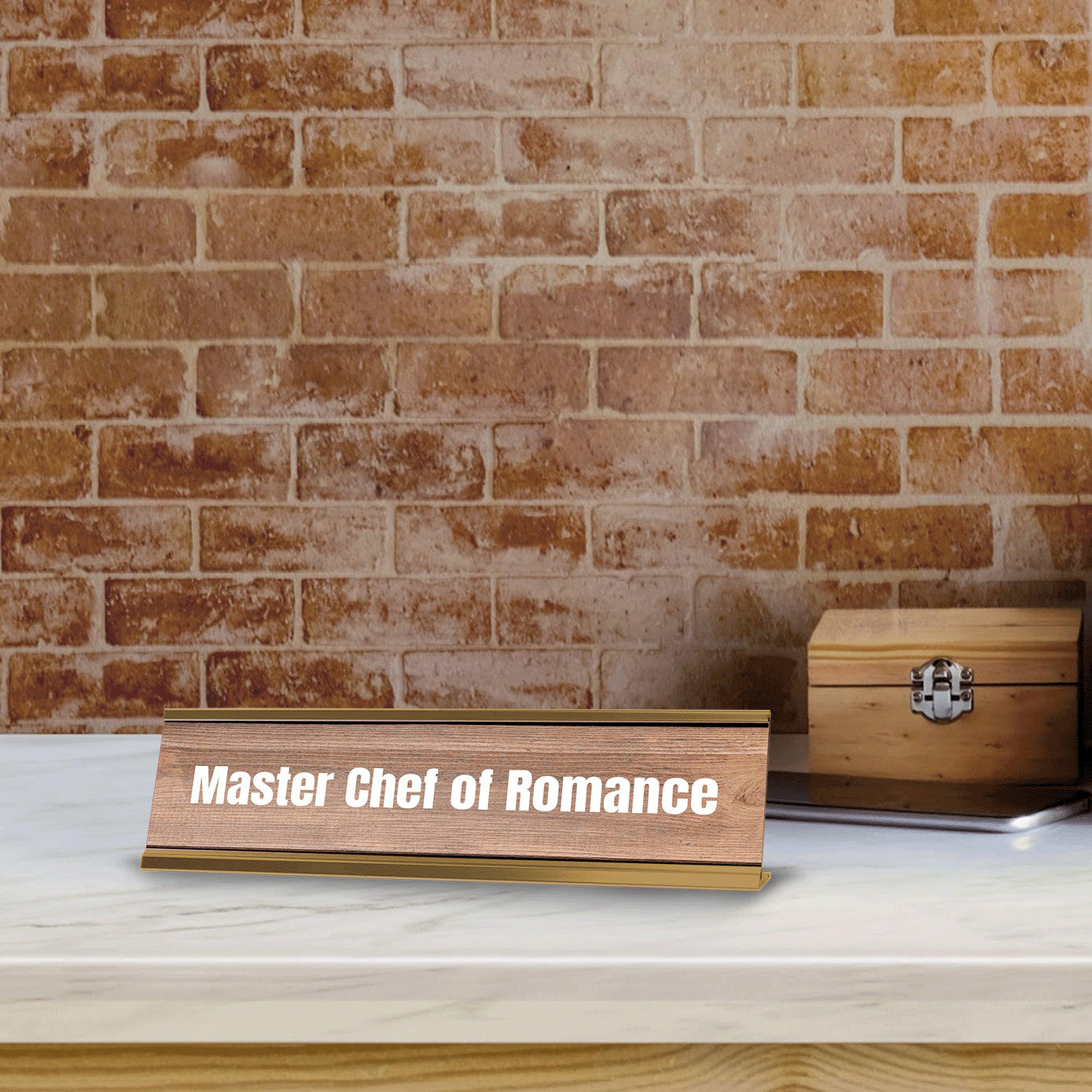 Master Chef of Romance Gold Frame Desk Sign (2x8") | Novelty Workplace and Home Office Decoration For Him