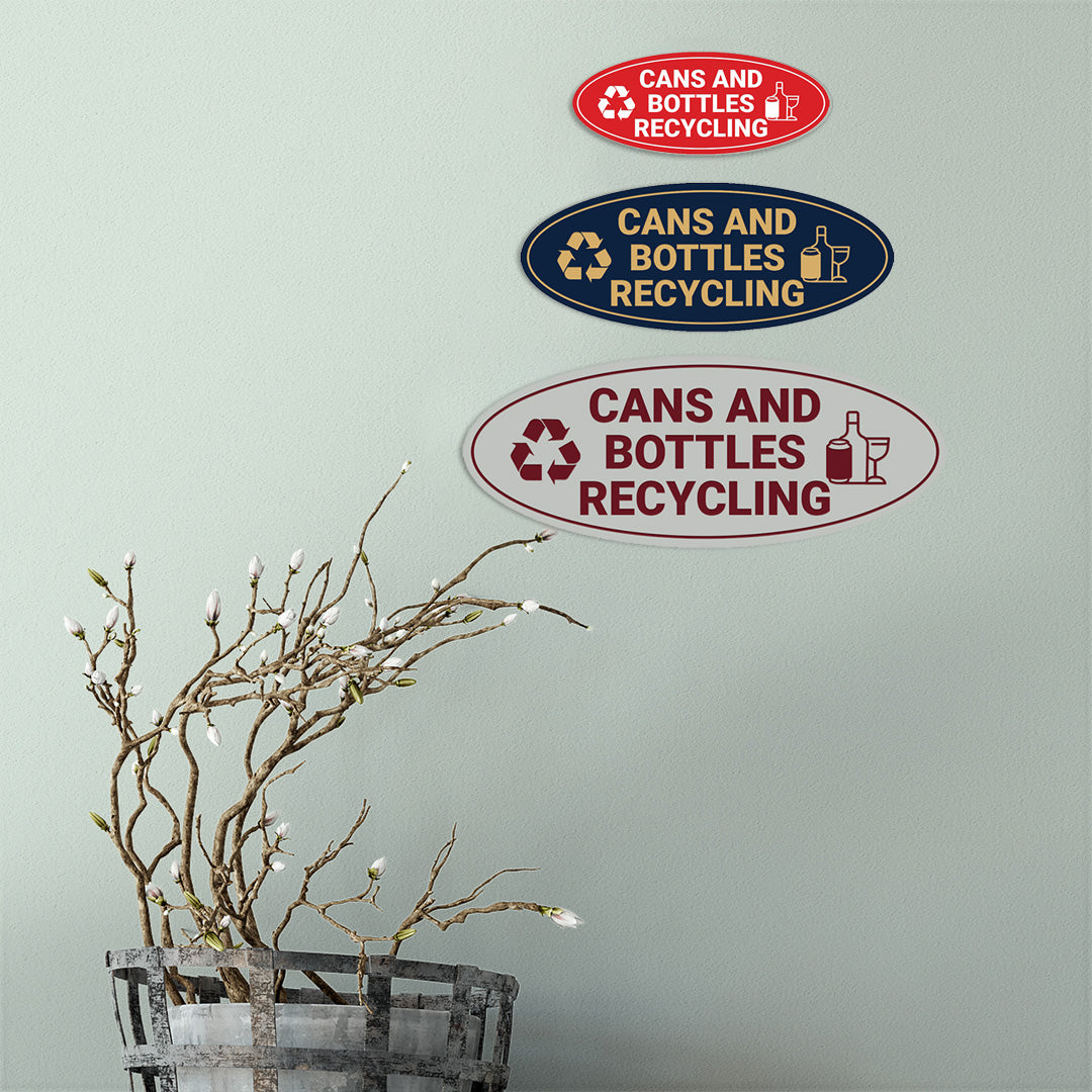 Signs ByLITA Oval Cans and bottles recycling Sign - Laser-Engraved Lettering | Durable ABS Plastic | Vibrant Colors | Powerful Foam Tape